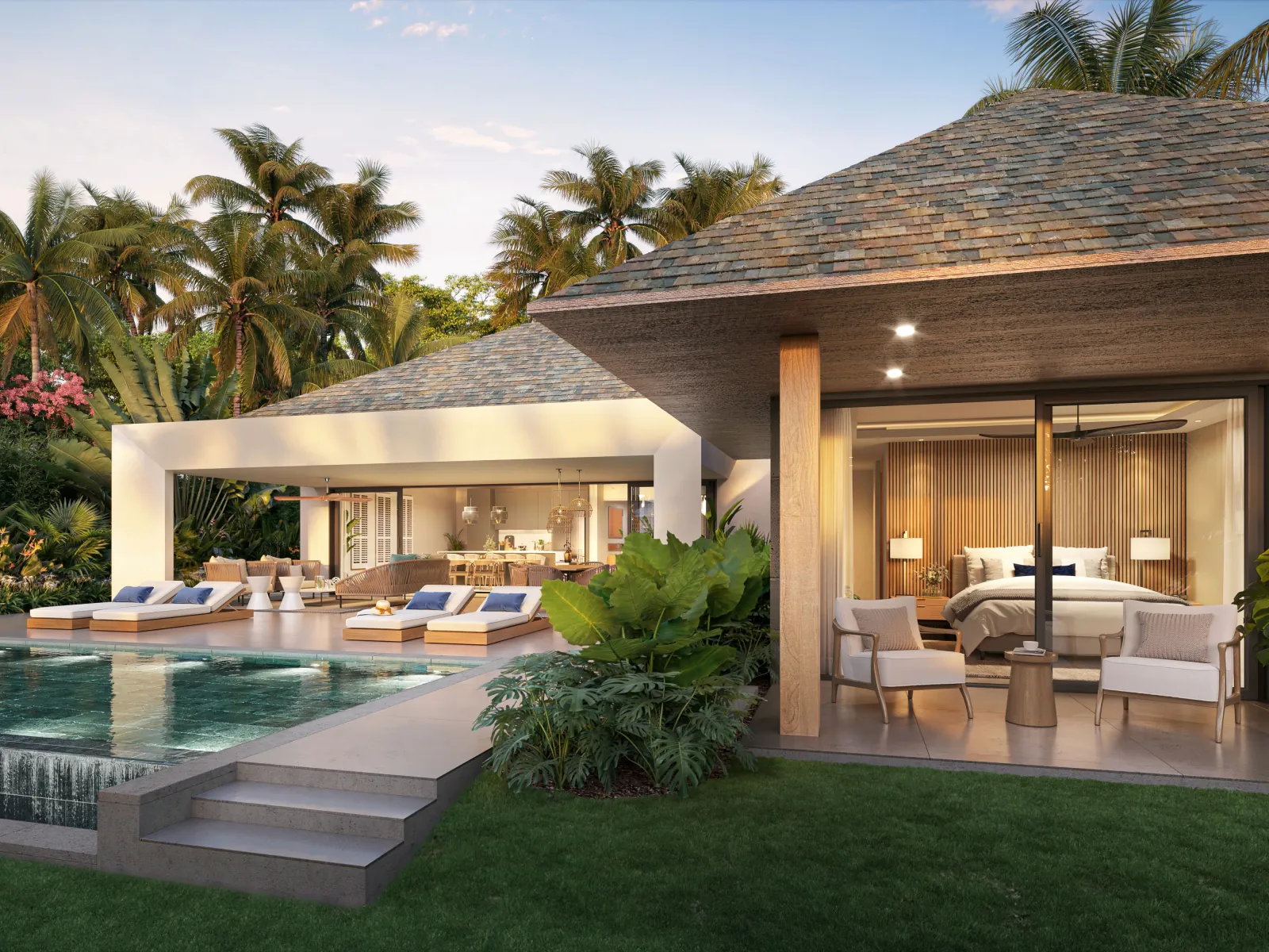 Lagoon villa at Mont Choisy at sunset, with infinity pool and open bedroom terrace